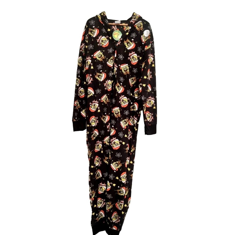Christmas SpongeBob Squarepants PJs Comfy One Piece Black Loungewear w Hood NEW